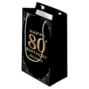 80th Birthday Party Black and Gold Glitter Frame Small Gift Bag