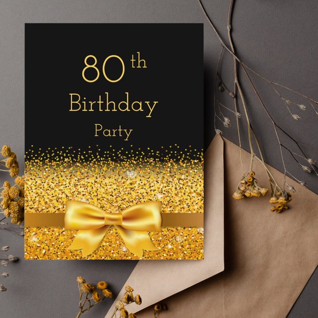 80th birthday party black gold bow invitation postcard (Creator Uploaded)