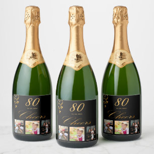 80th birthday party black gold cheers photo sparkling wine label