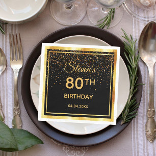 80th birthday party black gold confetti napkin