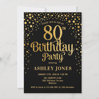 80th Birthday Party - Black & Gold Invitation