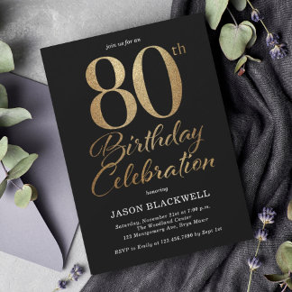 80th Birthday Party Black & Gold Invitation