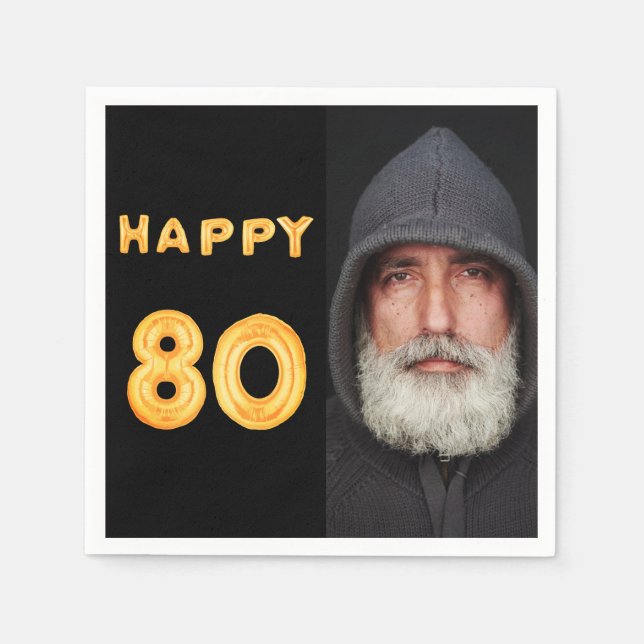 80th birthday party black gold photo man guy napkin (Front)