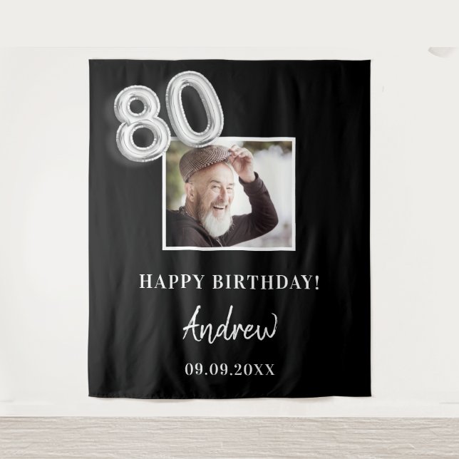 80th birthday party black photo name guy tapestry (Front)