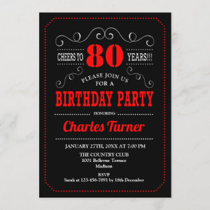 80th Birthday Party - Black Red White Invitation