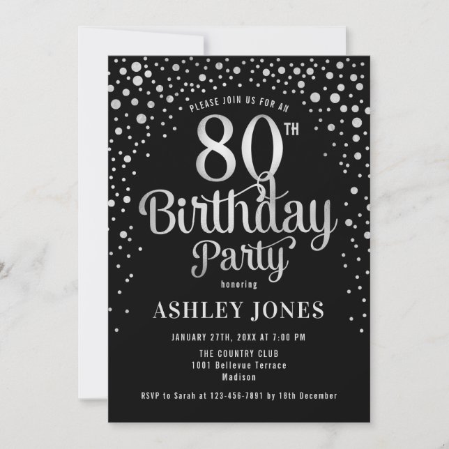 80th Birthday Party - Black & Silver Invitation (Front)