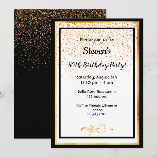 80th birthday party black white and faux gold invitation (Front/Back)