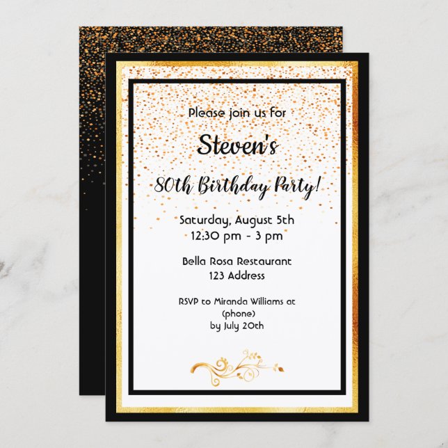 80th birthday party black white and faux gold invitation (Front/Back)