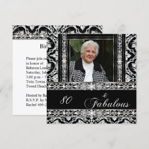 80th Birthday Party Black White Damask Diamond Invitation
