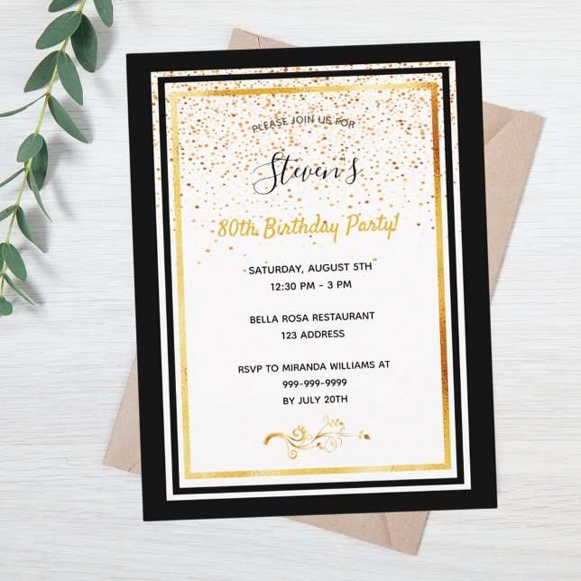 80th birthday party black white gold invitation postcard (Creator Uploaded)