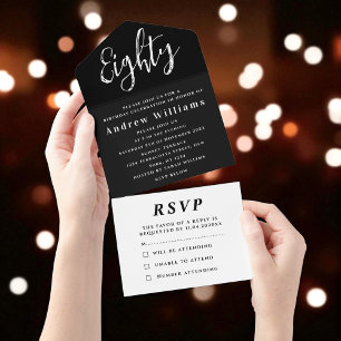 80th Birthday Party Black White Simple Modern All In One Invitation