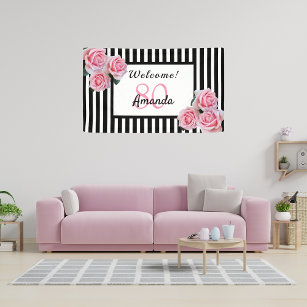 80th birthday party black white stripes florals banner