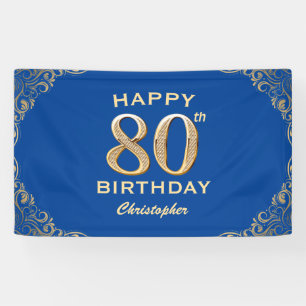 80th Birthday Party Blue and Gold Glitter Frame Banner