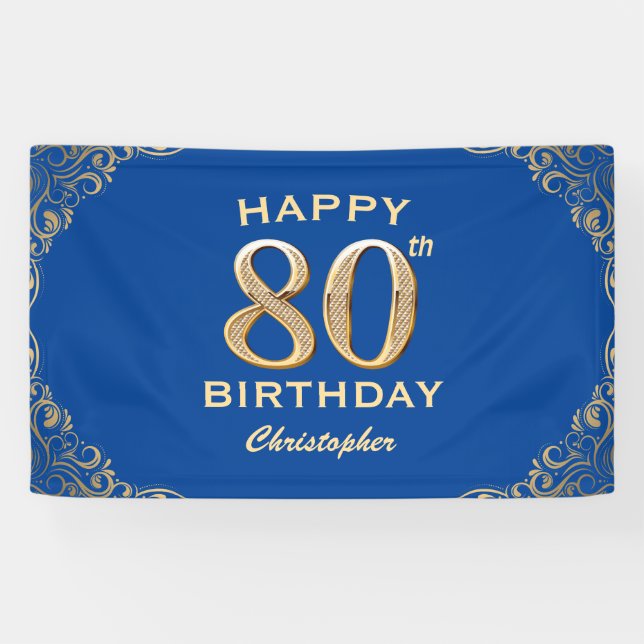 80th Birthday Party Blue and Gold Glitter Frame Banner (Horizontal)