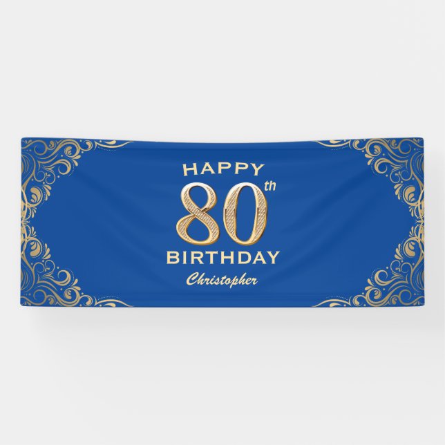 80th Birthday Party Blue and Gold Glitter Frame Banner (Horizontal)