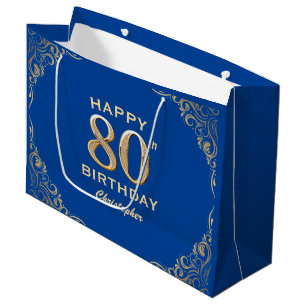 80th Birthday Party Blue and Gold Glitter Frame Large Gift Bag