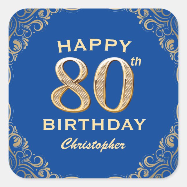 80th Birthday Party Blue and Gold Glitter Frame Square Sticker (Front)
