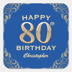 80th Birthday Party Blue and Gold Glitter Frame Square Sticker