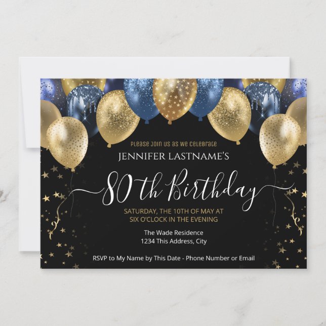 80th Birthday Party Blue and Gold Invitation (Front)