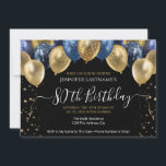 80th Birthday Party Blue and Gold Invitation<br><div class="desc">Elegant faux red and gold glitter balloons on the top border. All text is adjustable and easy to change for your own party needs. Great elegant save the date birthday party template design.  any year,  age can be changed</div>
