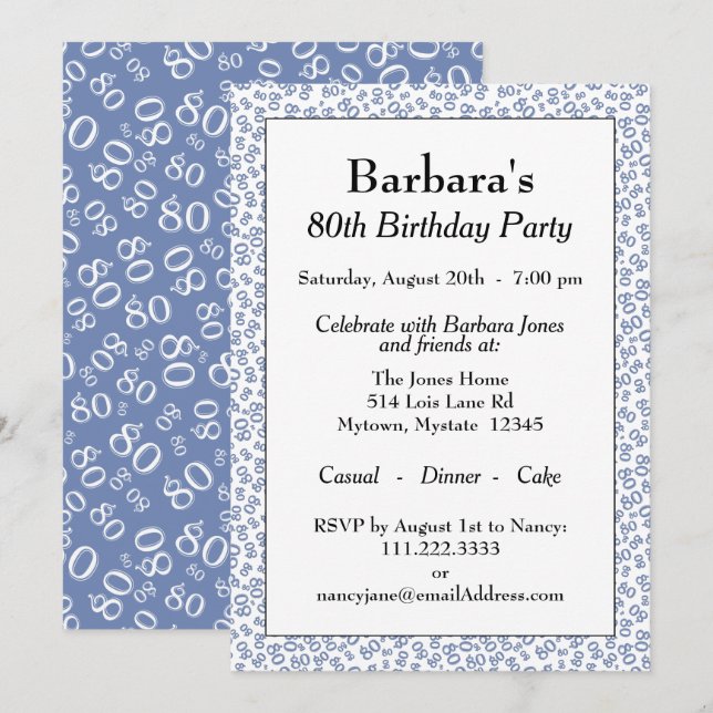80th Birthday Party Blue and White Number Pattern Invitation (Front/Back)