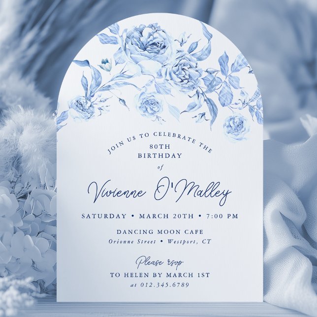 80th Birthday Party Blue Floral Arch Shape Invitation (Creator Uploaded)