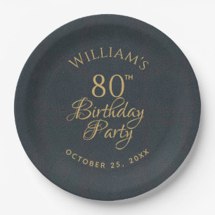 80th Birthday Party Blue Gold Elegant Calligraphy Paper Plate