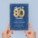 80th Birthday Party Blue Gold Invitation<br><div class="desc">Elegant eightieth birthday party invitation featuring a trendy blue background that can be changed to any colour,  gold sparkly glitter,  eighty gold hellium balloons,  and a modern 80th birthday celebration text template that is easy to personalise.</div>