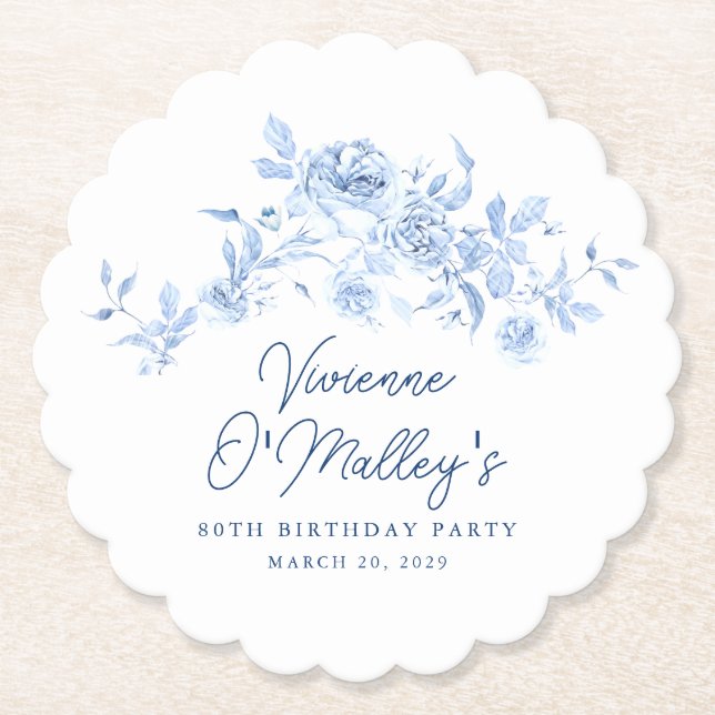 80th Birthday Party Blue Rose Floral Custom Paper Coaster (Front)