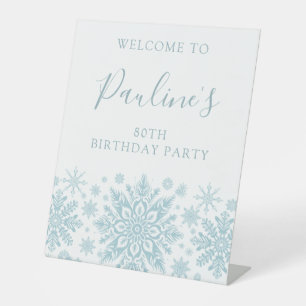 80th Birthday Party Blue White Snowflake Welcome  Pedestal Sign