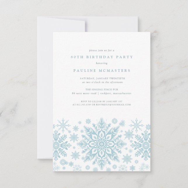 80th Birthday Party Blue White Snowflake Winter Invitation (Front)