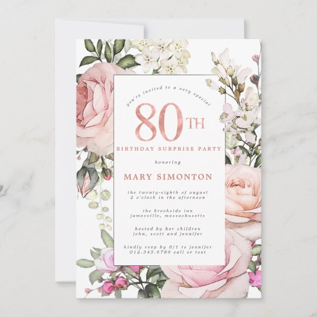 80th Birthday Party Blush Pink Rose Floral Invitation (Front)