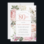80th Birthday Party Blush Pink Rose Floral Invitation<br><div class="desc">Honour a special woman with this elegant and feminine 80th Birthday Surprise party invitation. 80th is written in large rose pink text. Birthday surprise party follows. The honoured guest's name is also in pink capital letters. The remainder of the text is soft dove grey. The 80th birthday celebration details are...</div>