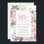 80th Birthday Party Blush Pink Rose Floral Invitation<br><div class="desc">Honour a special woman with this elegant and feminine 80th Birthday Surprise party invitation. 80th is written in large rose pink text. Birthday surprise party follows. The honoured guest's name is also in pink capital letters. The remainder of the text is soft dove grey. The 80th birthday celebration details are...</div>