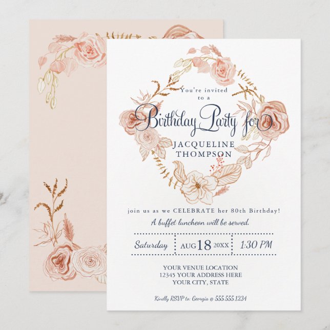 80th Birthday Party Blush Pink Watercolor Floral Invitation (Front/Back)