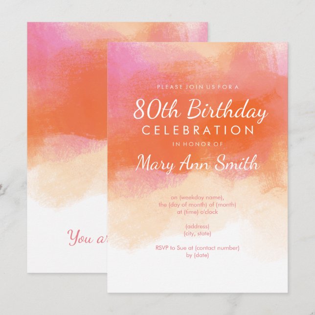 80th Birthday Party Blush Pink Watercolor Invitation (Front/Back)