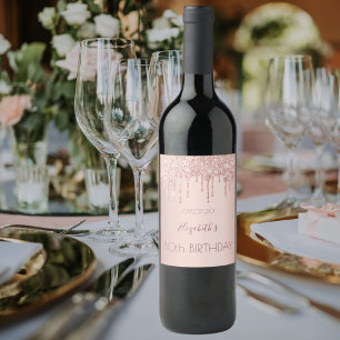 80th birthday party blush rose gold glitter drips wine label