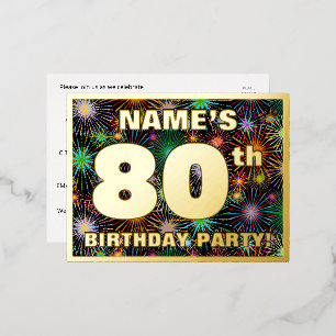 80th Birthday Party: Bold, Colorful Fireworks Look Foil Invitation Postcard