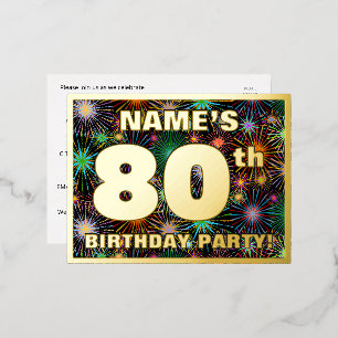 80th Birthday Party: Bold, Colorful Fireworks Look Foil Invitation Postcard