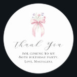 80th Birthday Party Bow Custom Thank You Favour Classic Round Sticker<br><div class="desc">Thank your guests for coming to your birthday party with this personalised thank you favour sticker.  It features a blush pink coquette bow accented with pink and blue wildflowers. Thank you is written in a lovely open script. Three lines let you customise your appreciation. All text is editable.</div>