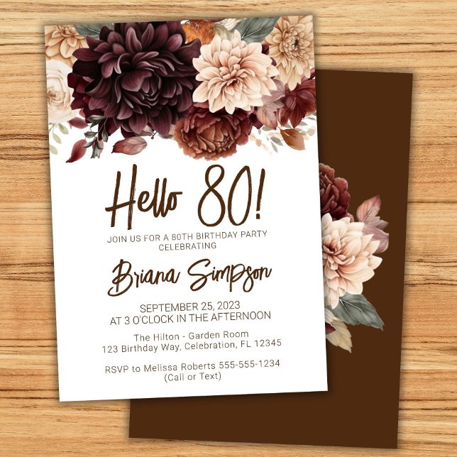 80th Birthday Party Brown Beige Flowers Floral Invitation (Creator Uploaded)