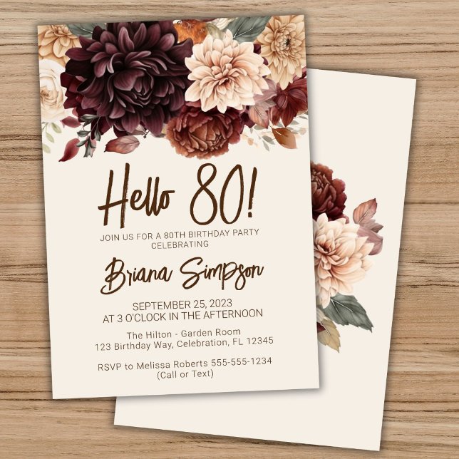 80th Birthday Party Brown Beige Ivory Floral Invitation (Creator Uploaded)