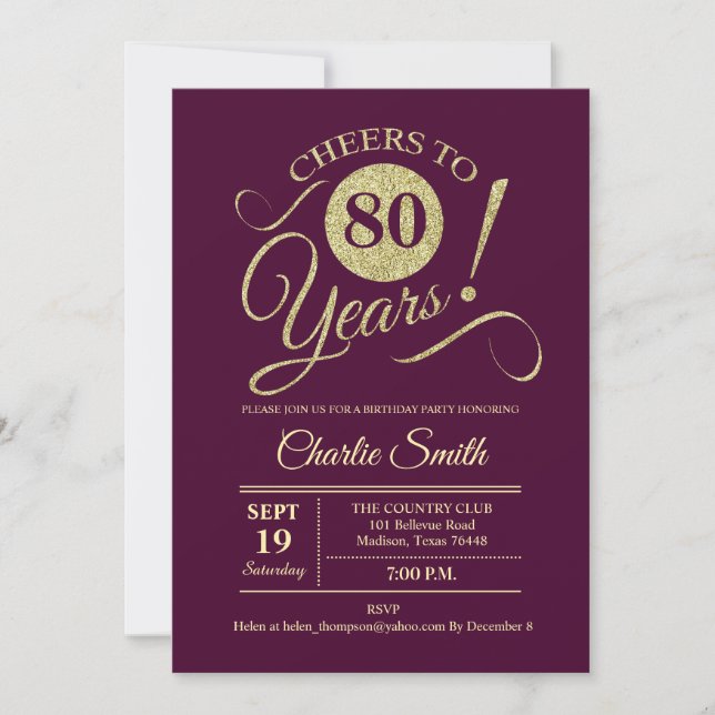 80th Birthday Party - Burgundy Gold Invitation (Front)