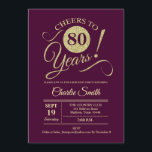80th Birthday Party - Burgundy Gold Invitation<br><div class="desc">80th Birthday Party Invitation in aubergine with faux glitter gold pattern. Features trendy typography script font. Simple modern design,  perfect for an elegant party. Cheers to 80 years! Can be personalized into any age! Please message me if you need further customization.</div>