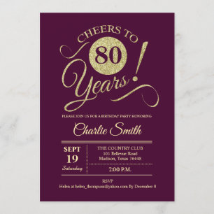80th Birthday Party - Burgundy Gold Invitation