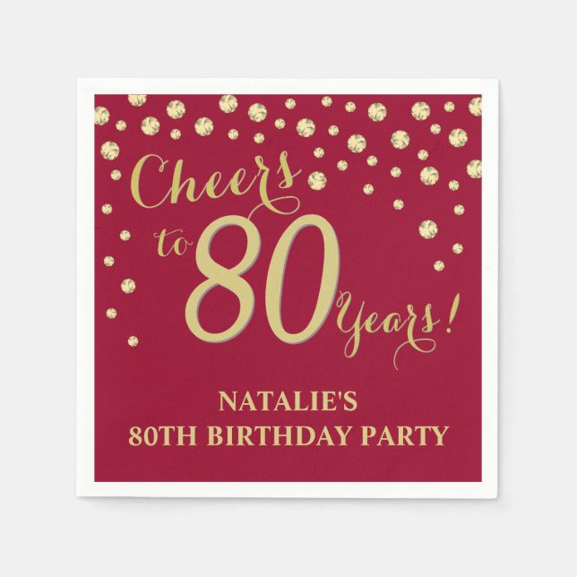 80th Birthday Party Burgundy Red and Gold Diamond Napkin (Front)