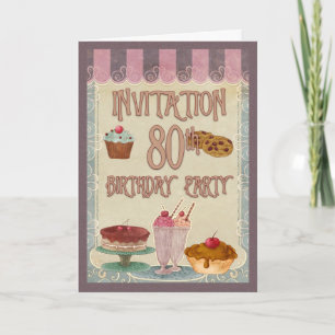 80th Birthday Party - Cakes, Cookies, Ice Cream Invitation