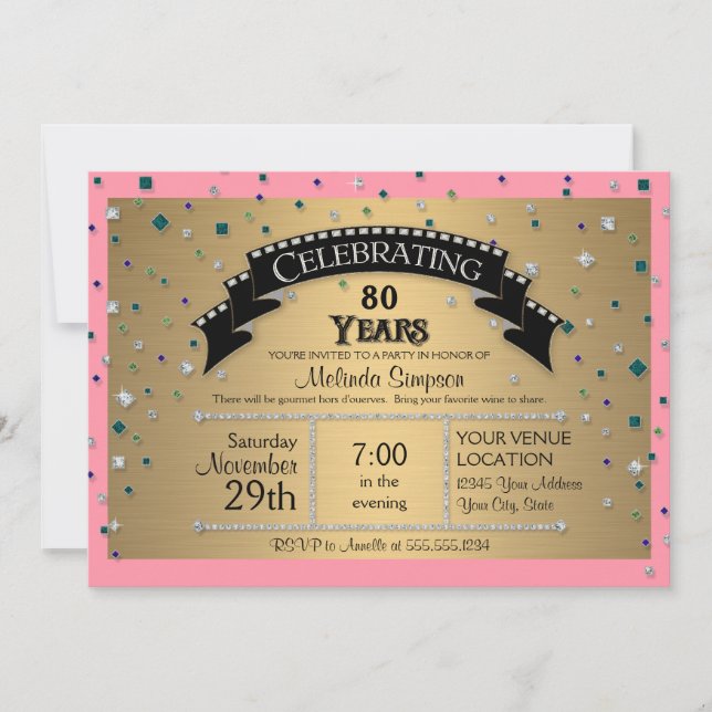 80th Birthday Party Celebrate Faux Jewel Confetti Invitation (Front)