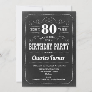 80th Birthday Party - Chalkboard Black White Invitation