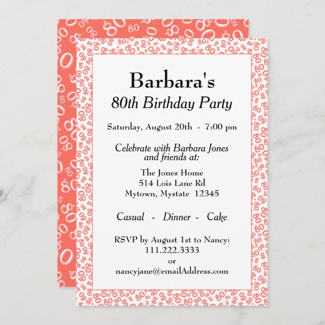80th Birthday Party Cora and White Number Pattern  Invitation (Front/Back)